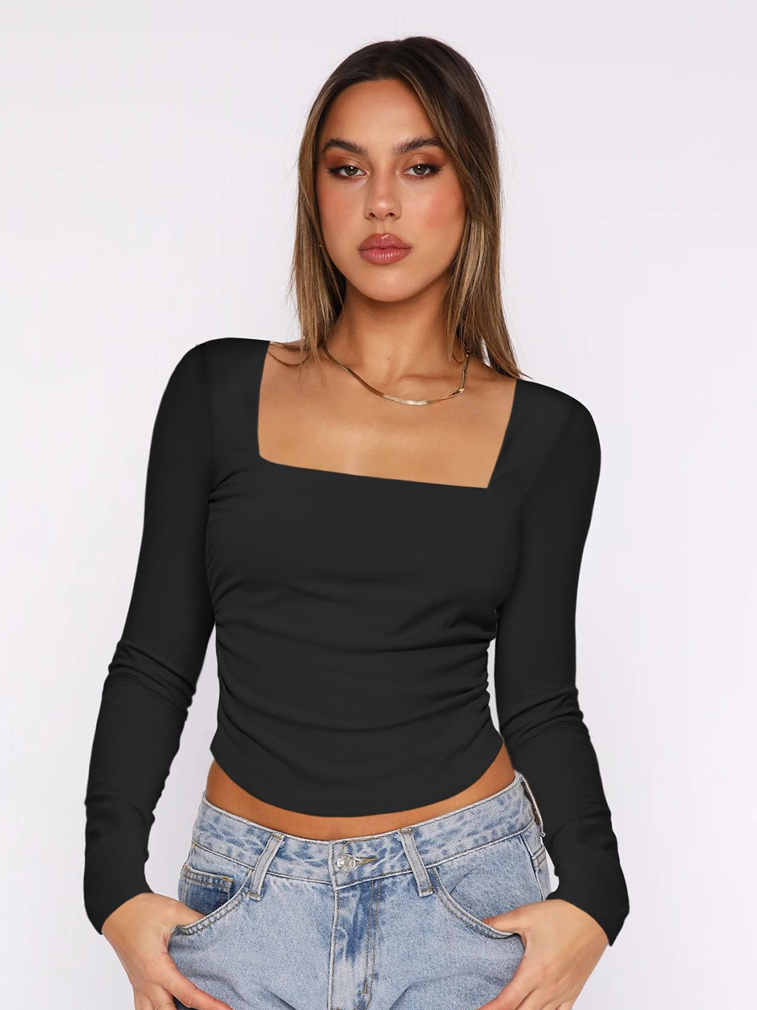 StyleCast Women Solid Square Neck Nylon Top