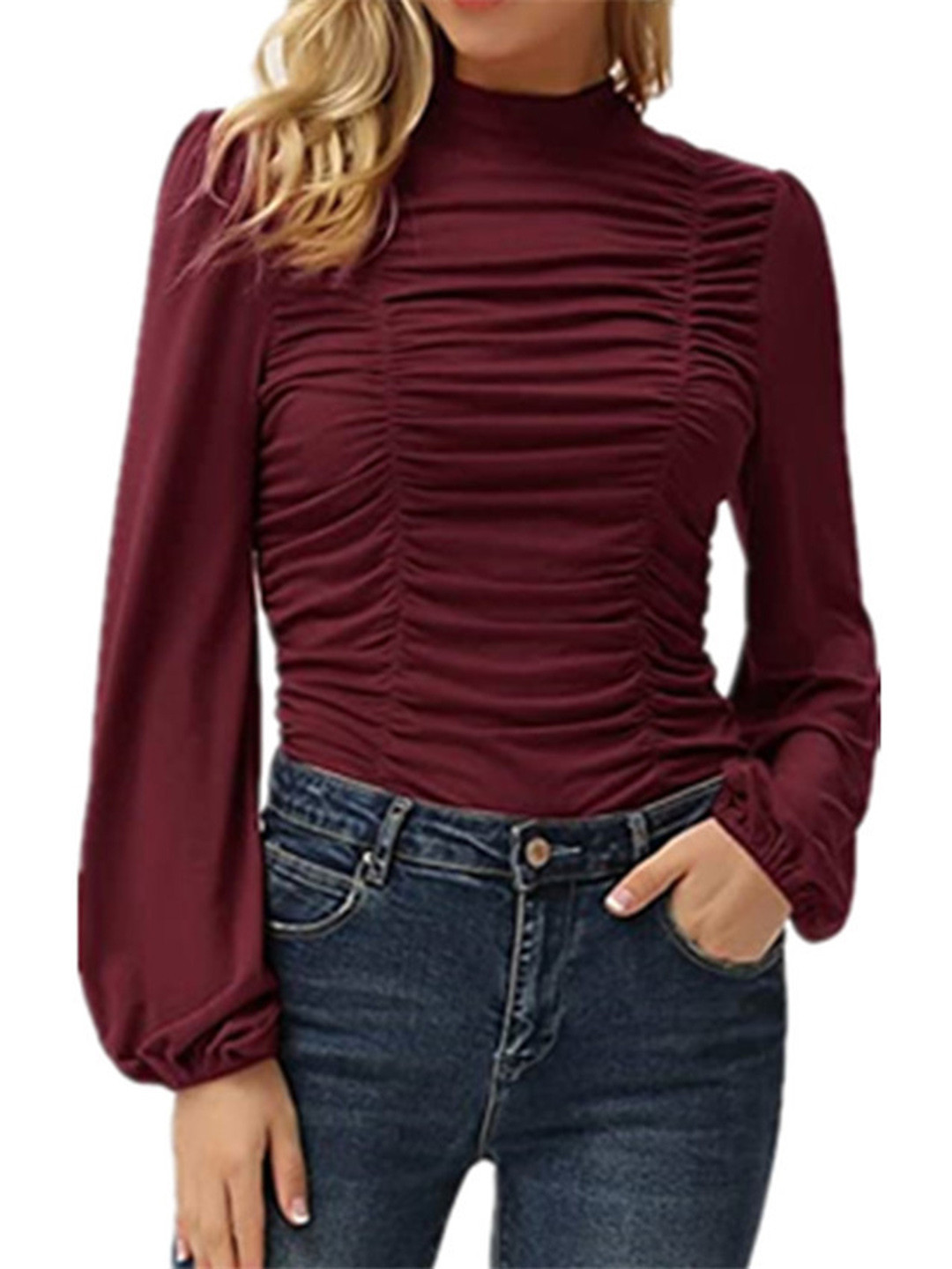 StyleCast Maroon High Neck Puff Sleeves Gathered Detail Fitted Top
