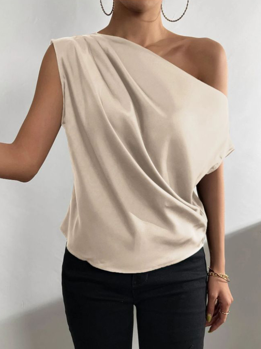 StyleCast Women Solid Beige One Shoulder Satin Top
