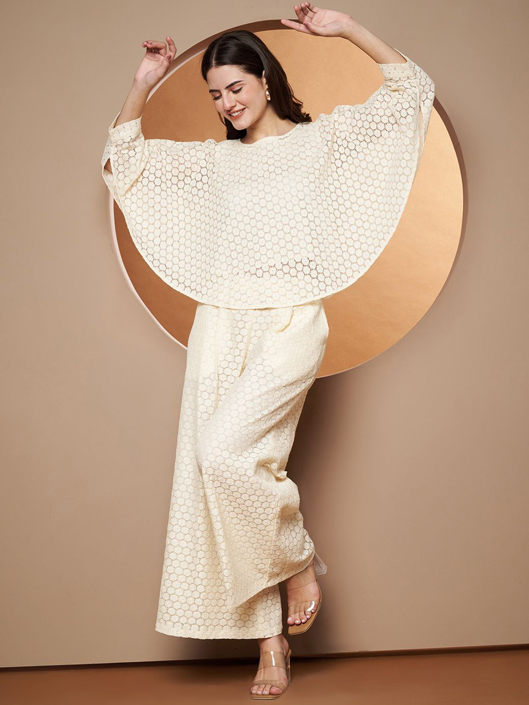 Poshak Hub Self-Design Pure Cotton Boat Neck Crop Top & Shrug With Trousers Co-Ords