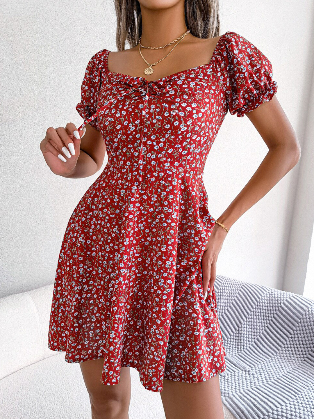 StyleCast Red Floral Printed Puff Sleeve Chiffon Fit & Flare Dress