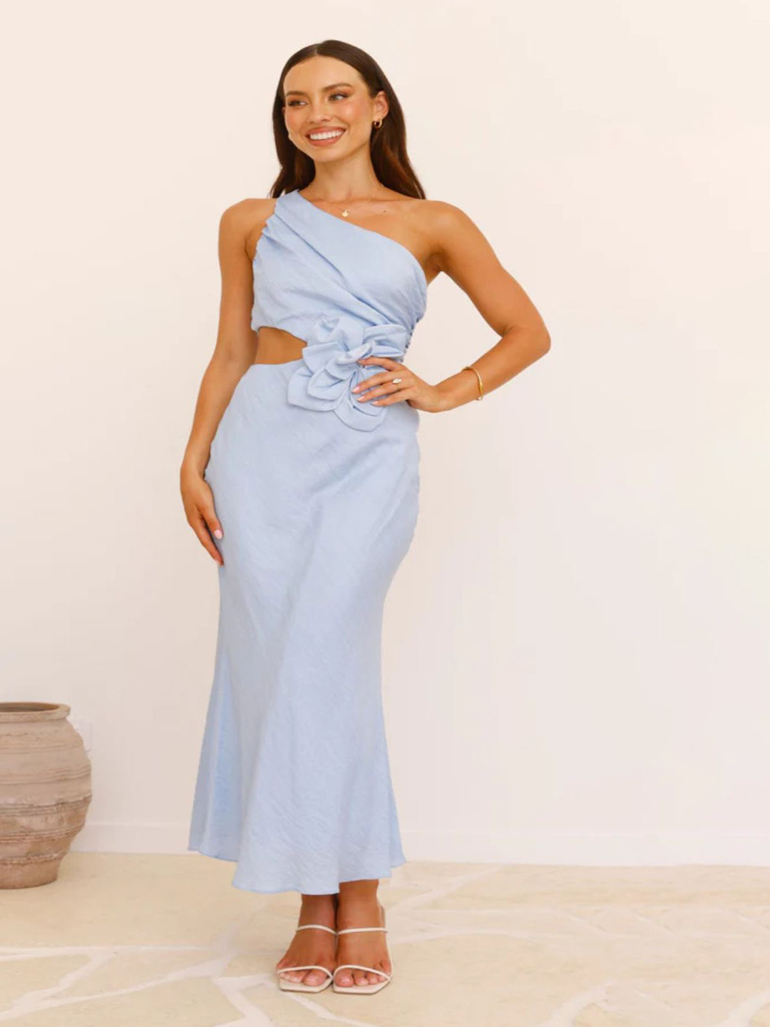 bebe Light Blue One-Shoulder Draped Cut-Out Maxi Dress with Floral Corsage
