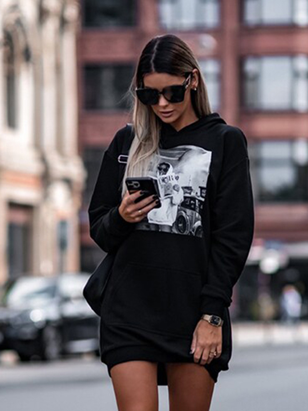 StyleCast Black Graphic Printed Hooded T-shirt Dress