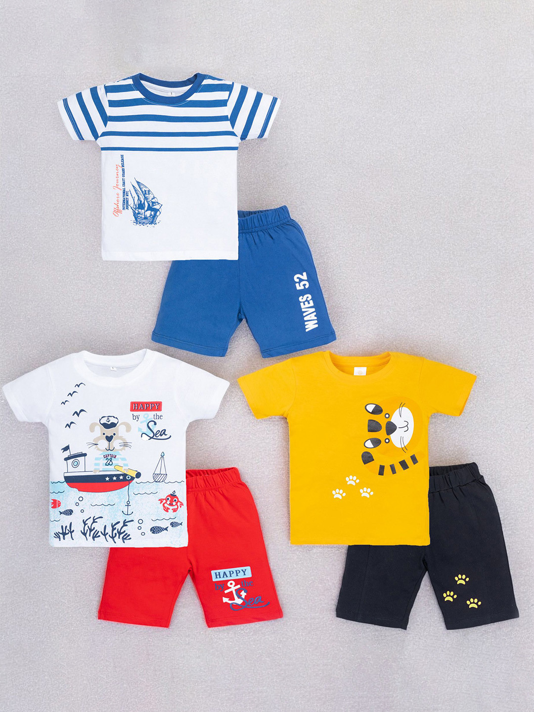 YK Infants Boys Pack Of 3 Printed Pure Cotton T-shirt With Shorts