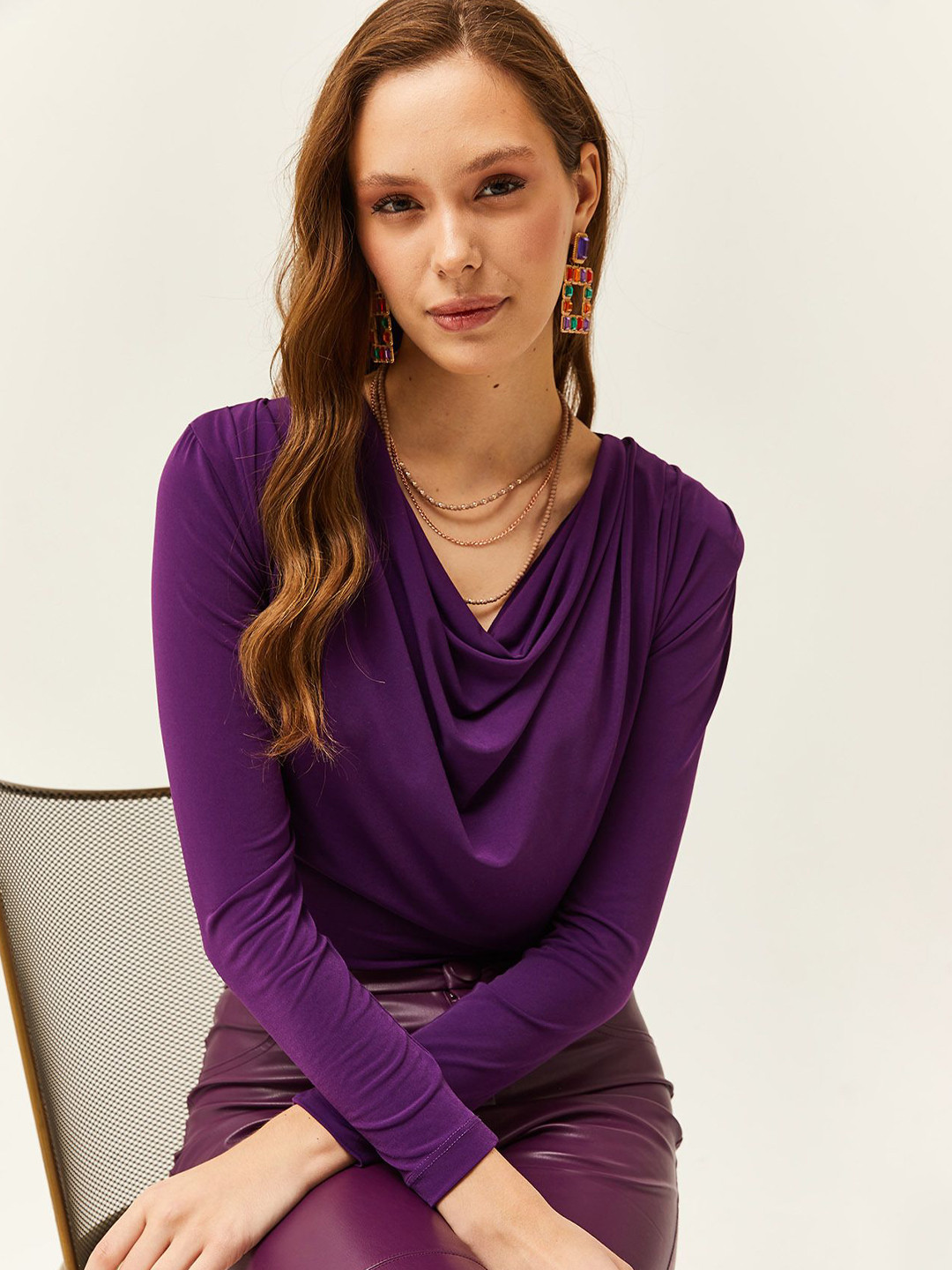 Olalook Women Purple Polyester Cowl Neck Top