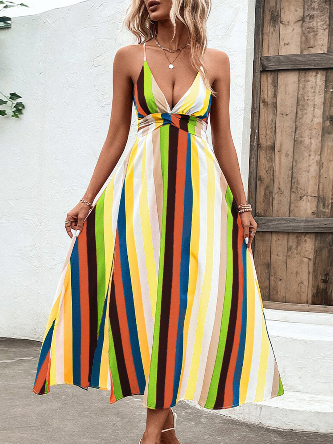 StyleCast Yellow Striped shoulder Straps Empire Dress