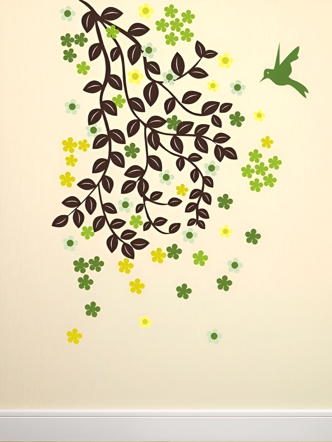 LANSTICK Green & Black Tree with Birds & Flowers Self Adhesive Wall Sticker