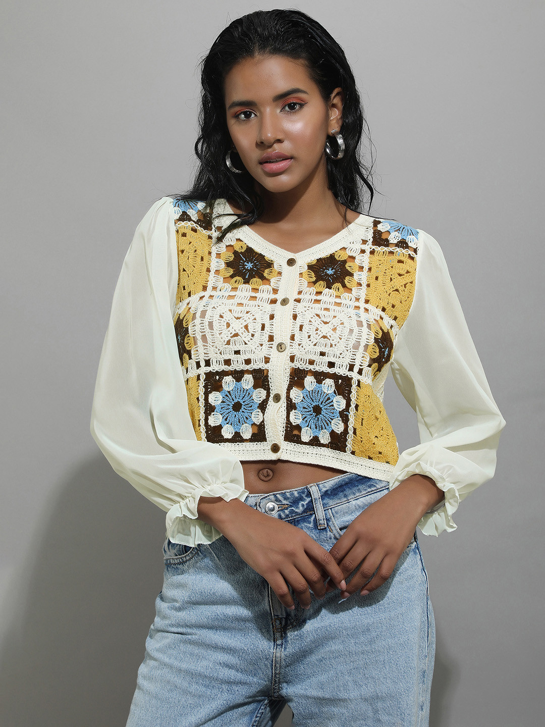 LULU & SKY Floral Embroidered Puff Sleeves Crop Top