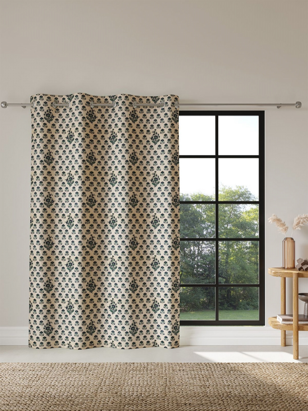 DDecor Beige & Blue Floral Printed Room Darkening Long Door Curtain