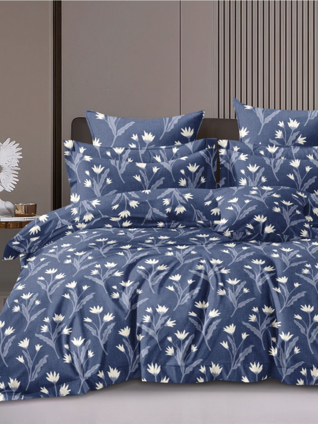 Glaxomas Blue Floral Cotton 250 TC King Fine Bedsheet with 2 Pillow Covers-274 x 274 cm