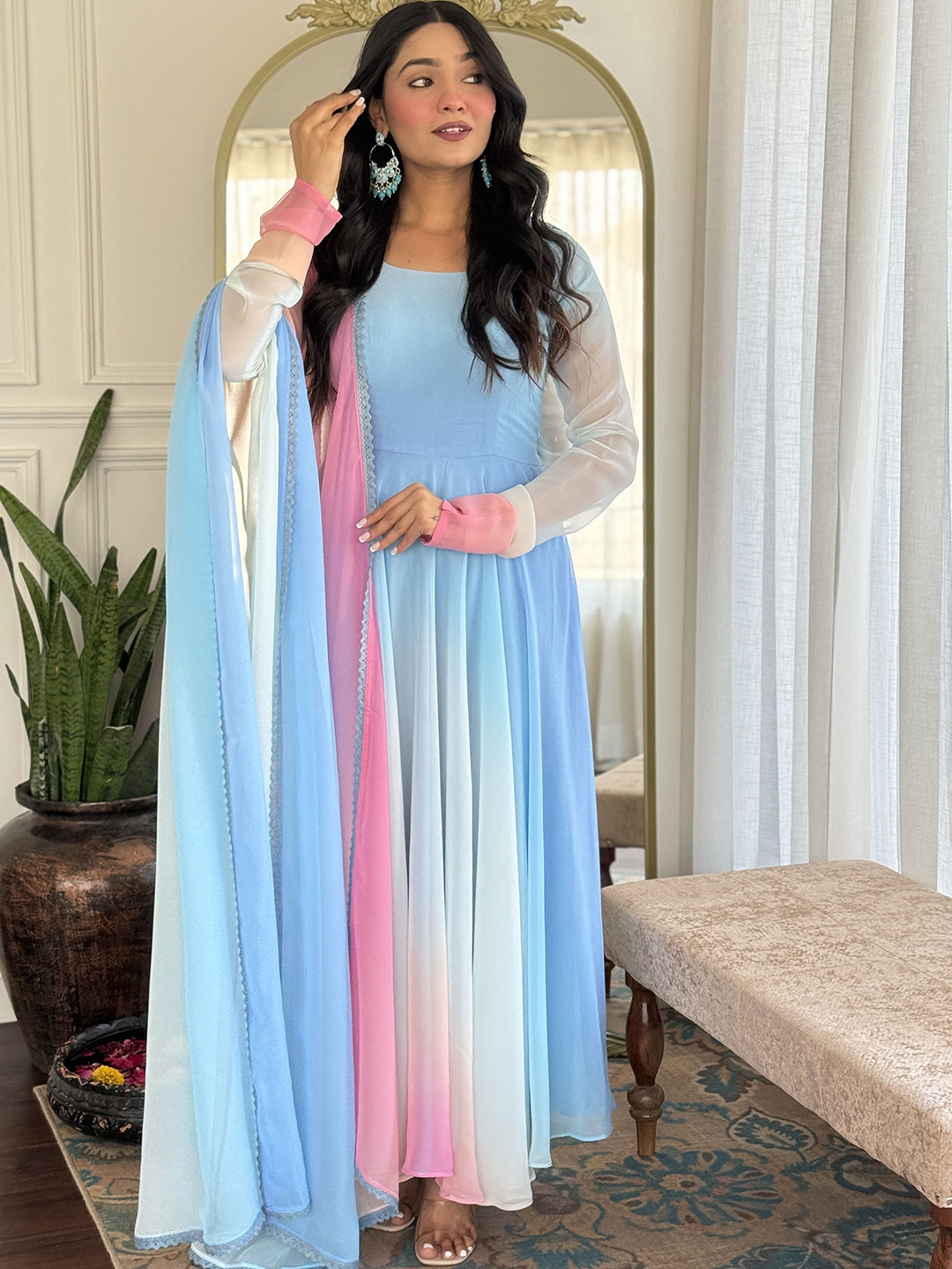 Anni Designer Ombre Anarkali Kurta With Trousers & Dupatta