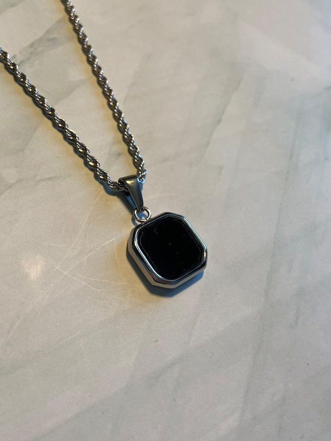 shobhram Rhodium Plated Onyx Studded Square Pendant & Chain