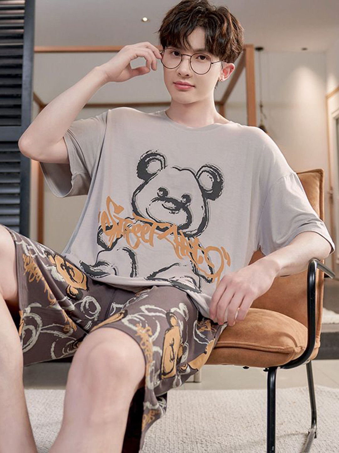 StyleCast Grey Printed Round Neck Short Sleeves Casual T-Shirt With Shorts
