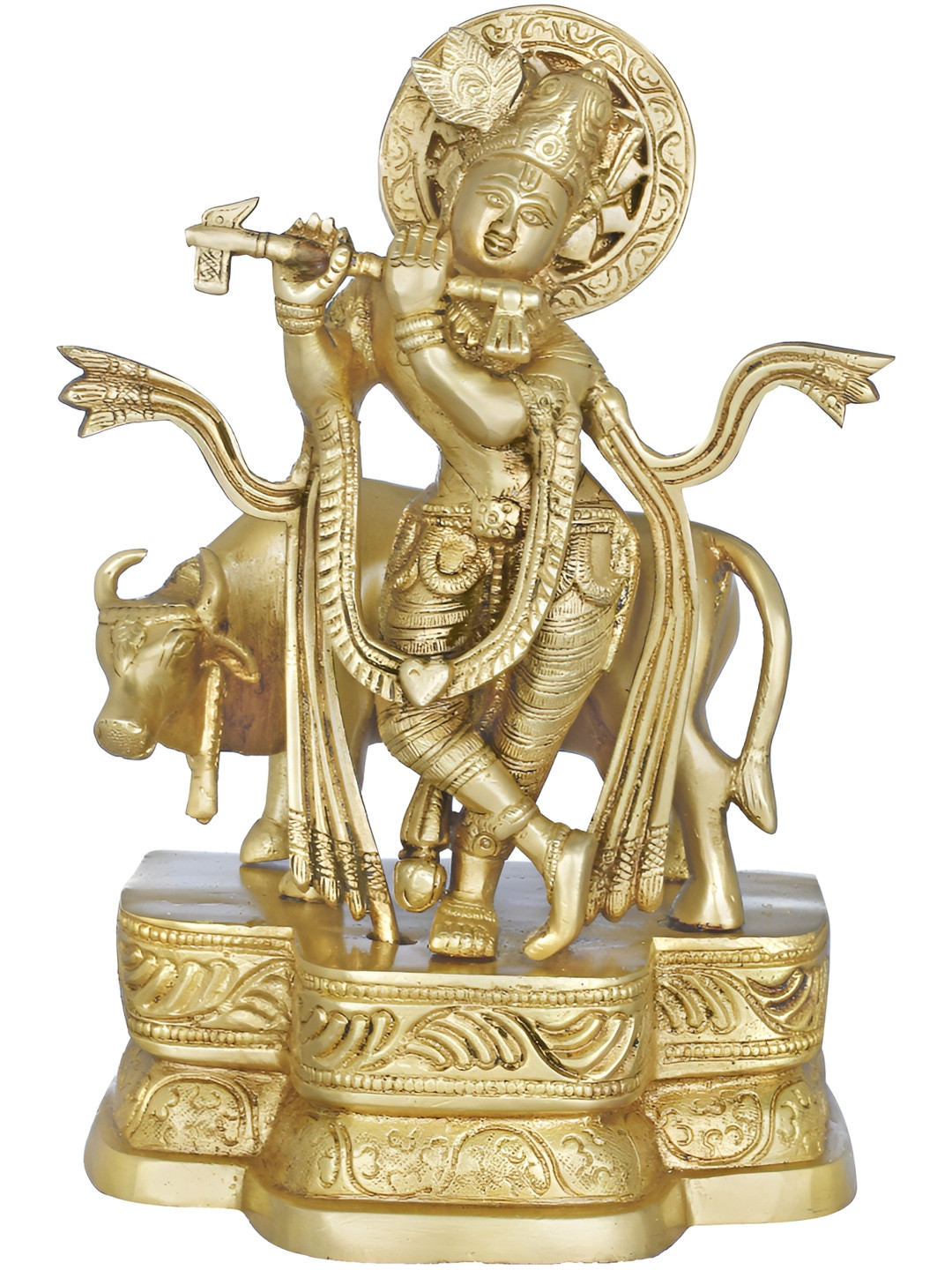 Exotic India Fluting Krishna with His Cow Gold Brass Metallic Prayer Room Medium Showpiece - 9.5 Inches