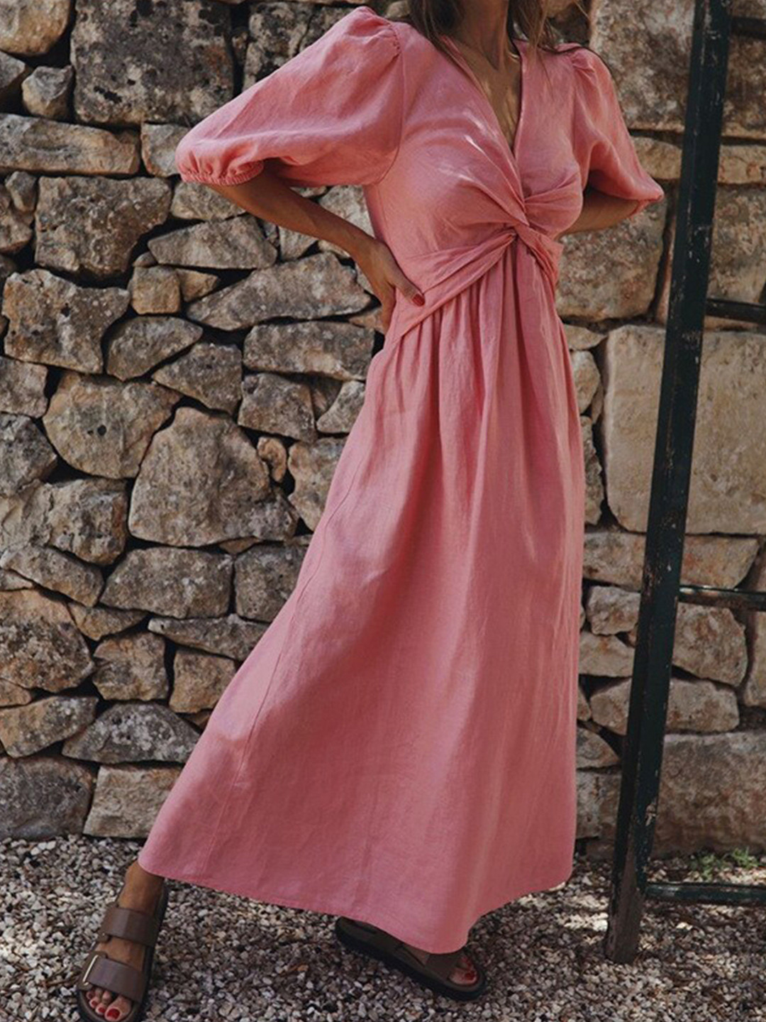 StyleCast x Revolte Pink V-Neck Puff Sleeves Gathered Detail Linen Maxi Dress