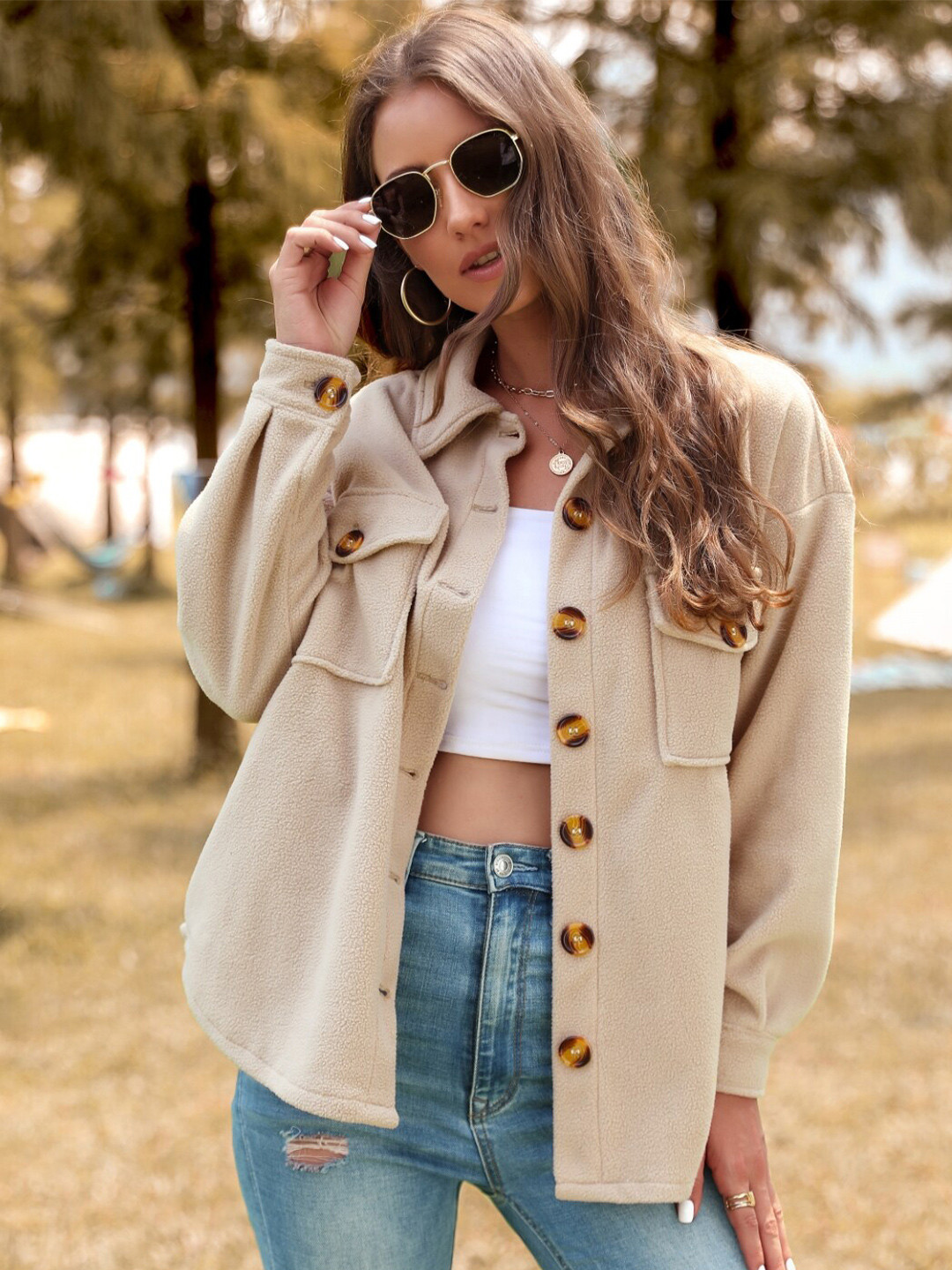 StyleCast Khaki Spread Collar Long Sleeves Casual Shacket