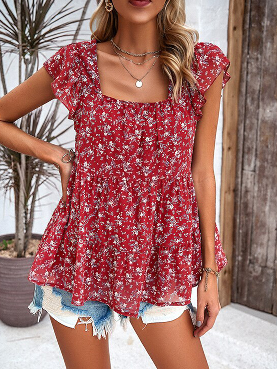 StyleCast x Revolte Red Square Neck Flared Sleeves Floral Printed Top