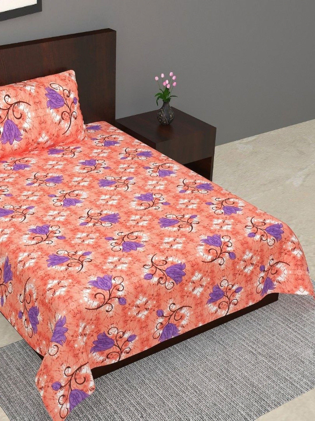 Salgia Premium Peach Floral Cotton 144 TC Single Bedsheet with a Pillow Cover-89 x 57 inches