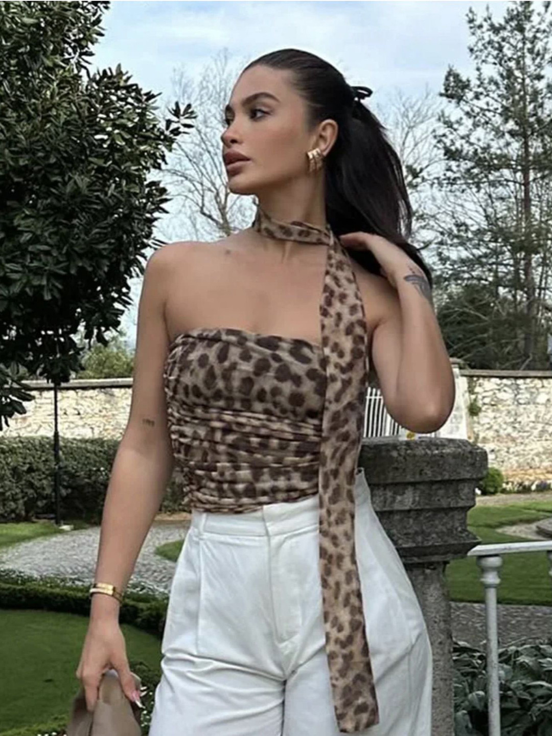 LULU & SKY Animal Printed Strapless Scarf Neck Crop Top