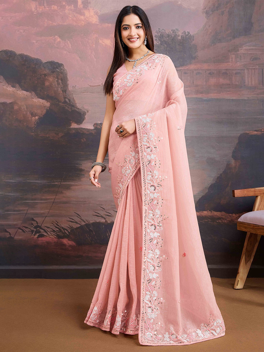 Peachmode Sequinned Female Organza Saree Floral Embroidered Sequinned Organza