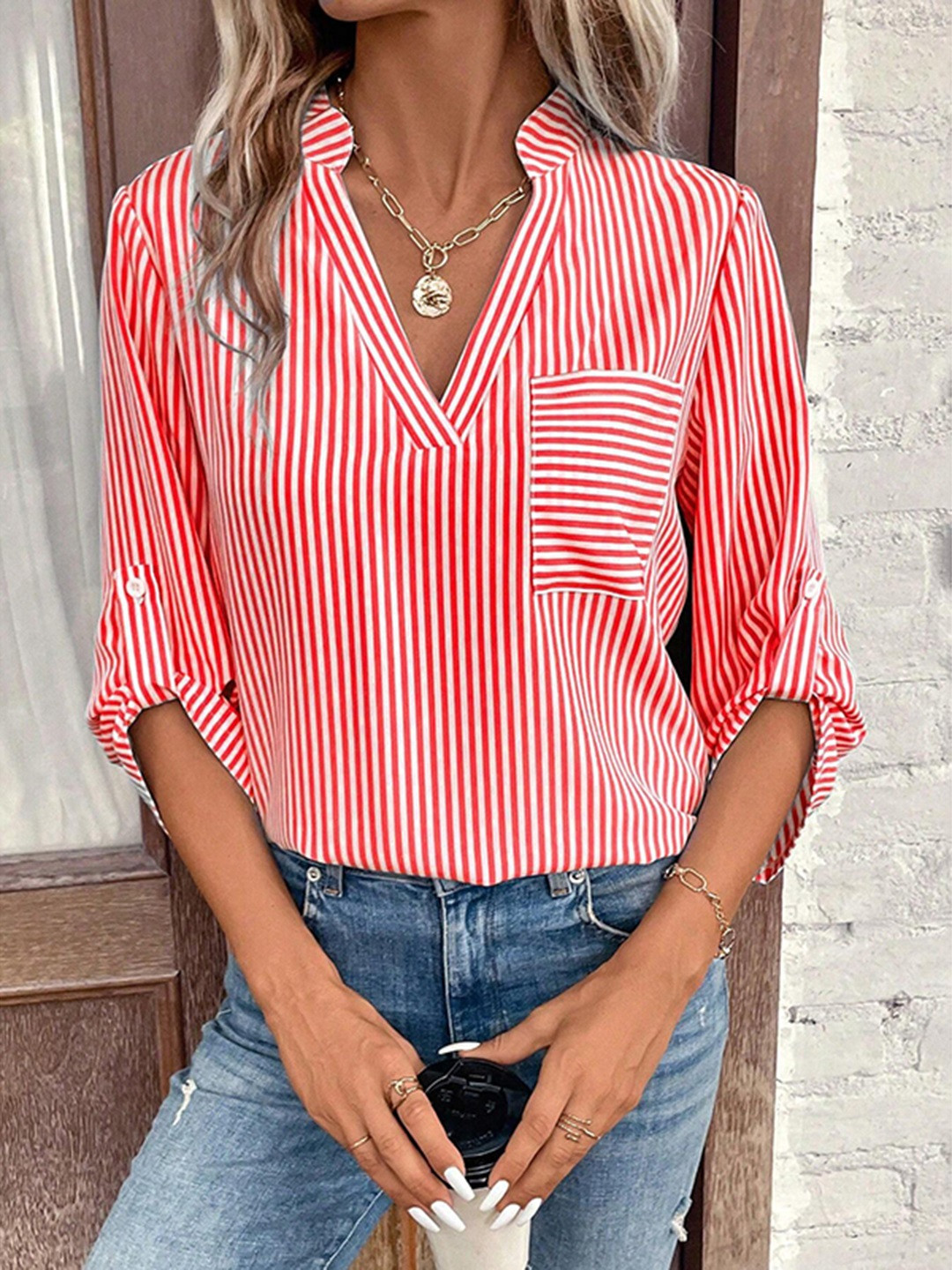 StyleCast Red Vertical Stripes Mandarin Collar Roll-Up Sleeves Shirt Style Top
