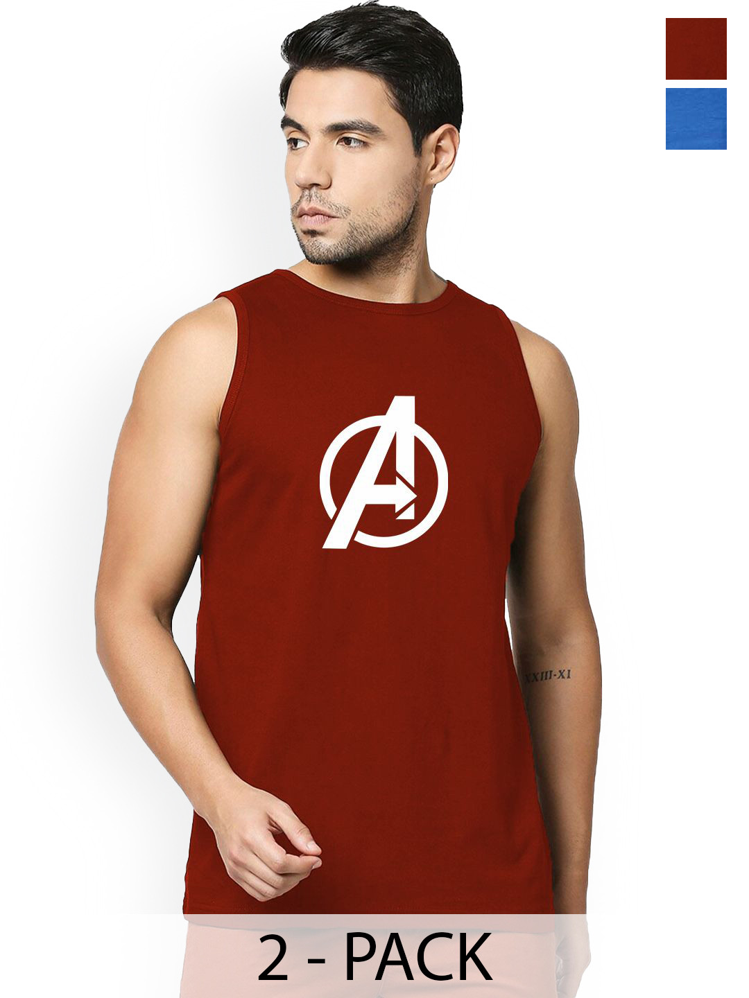 Organic Chics Pack Of 2 Printed Cotton Gym Vest Maroon Avenger - Royal Groot_S