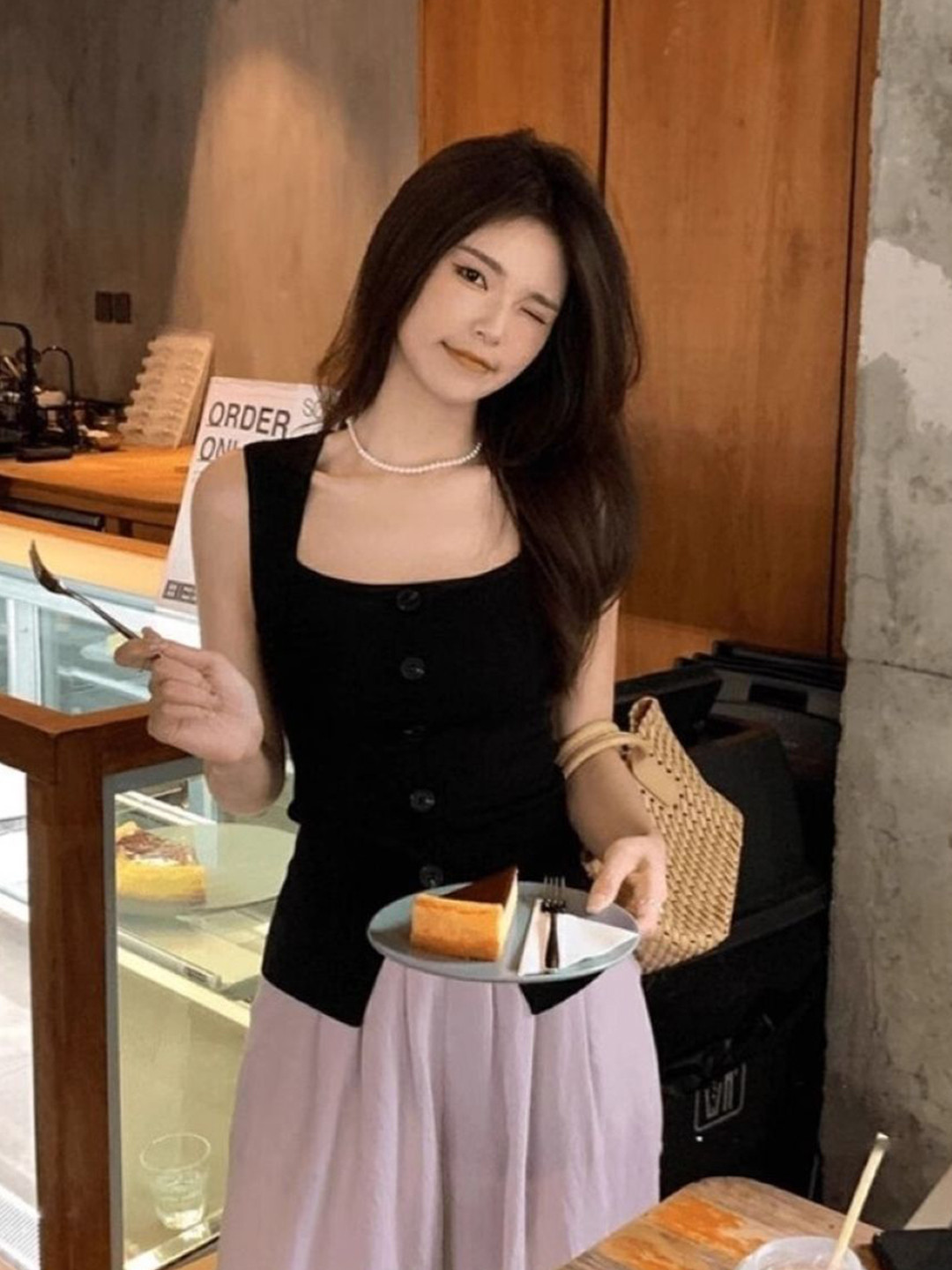 Black Square Neck Sleeveless Top with Button Detail