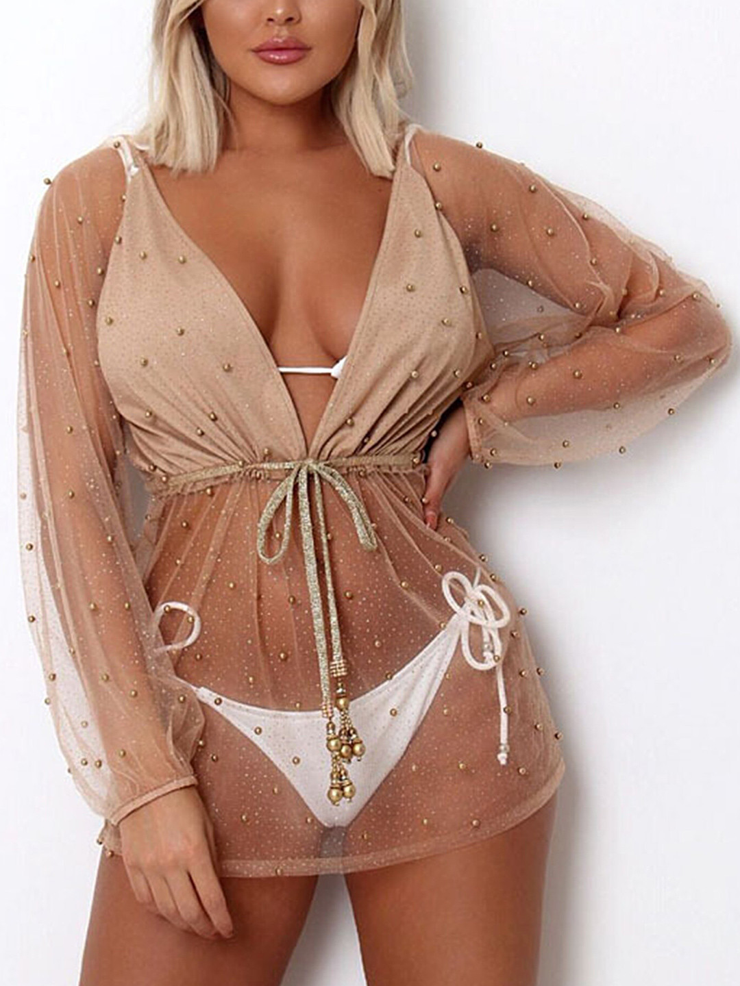 LULU & SKY Embellished Sheer V-Neck Party Top