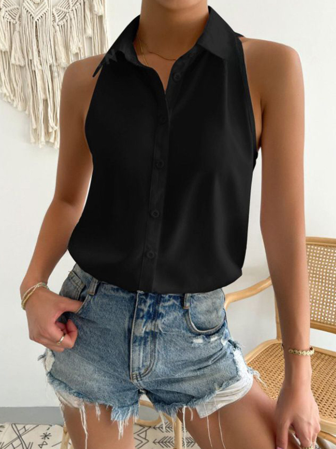 StyleCast Women Solid Black Shirt Collar Satin Shirt Style Top