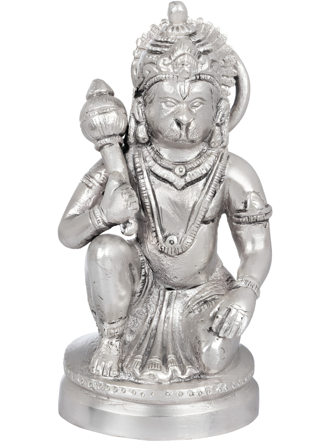 Exotic India Sankat Mochan Hanuman Silver Brass Metallic Prayer Room Hand-Crafted Small Showpiece - 5.2 Inches