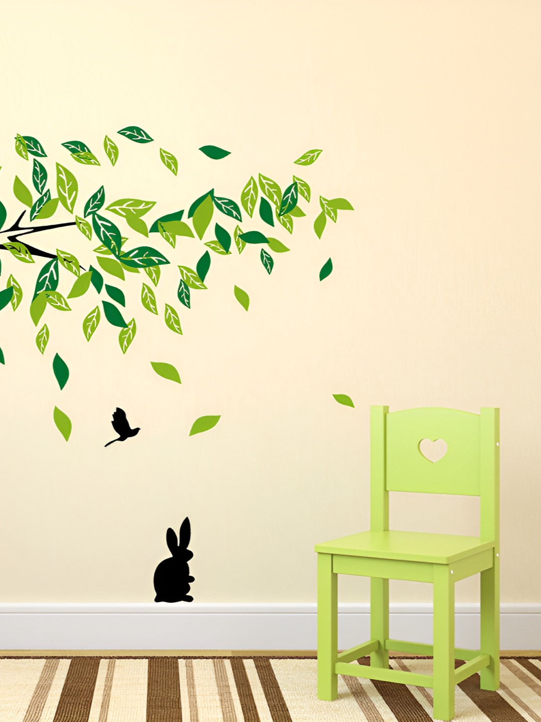 LANSTICK Green & Black Tree with Rabbit Self Adhesive Wall Sticker