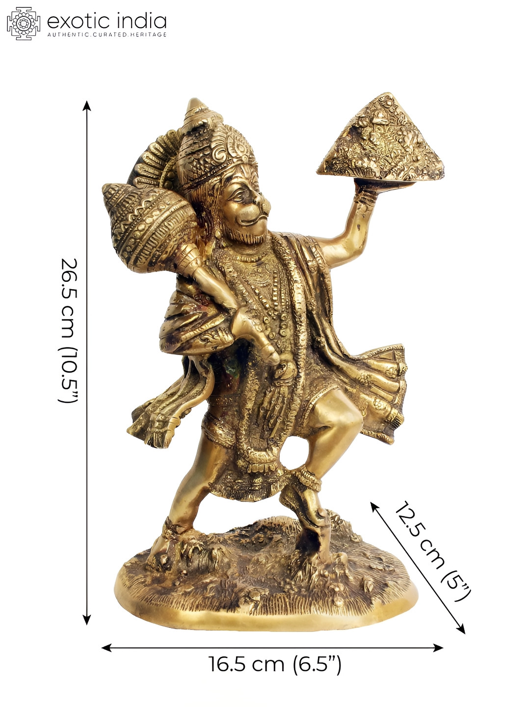 Exotic India Shri Hanumanji Carrying Sanjeevani Mountain Gold Brass Metallic Prayer Room Hand Made Medium Showpiece - 5 Inches