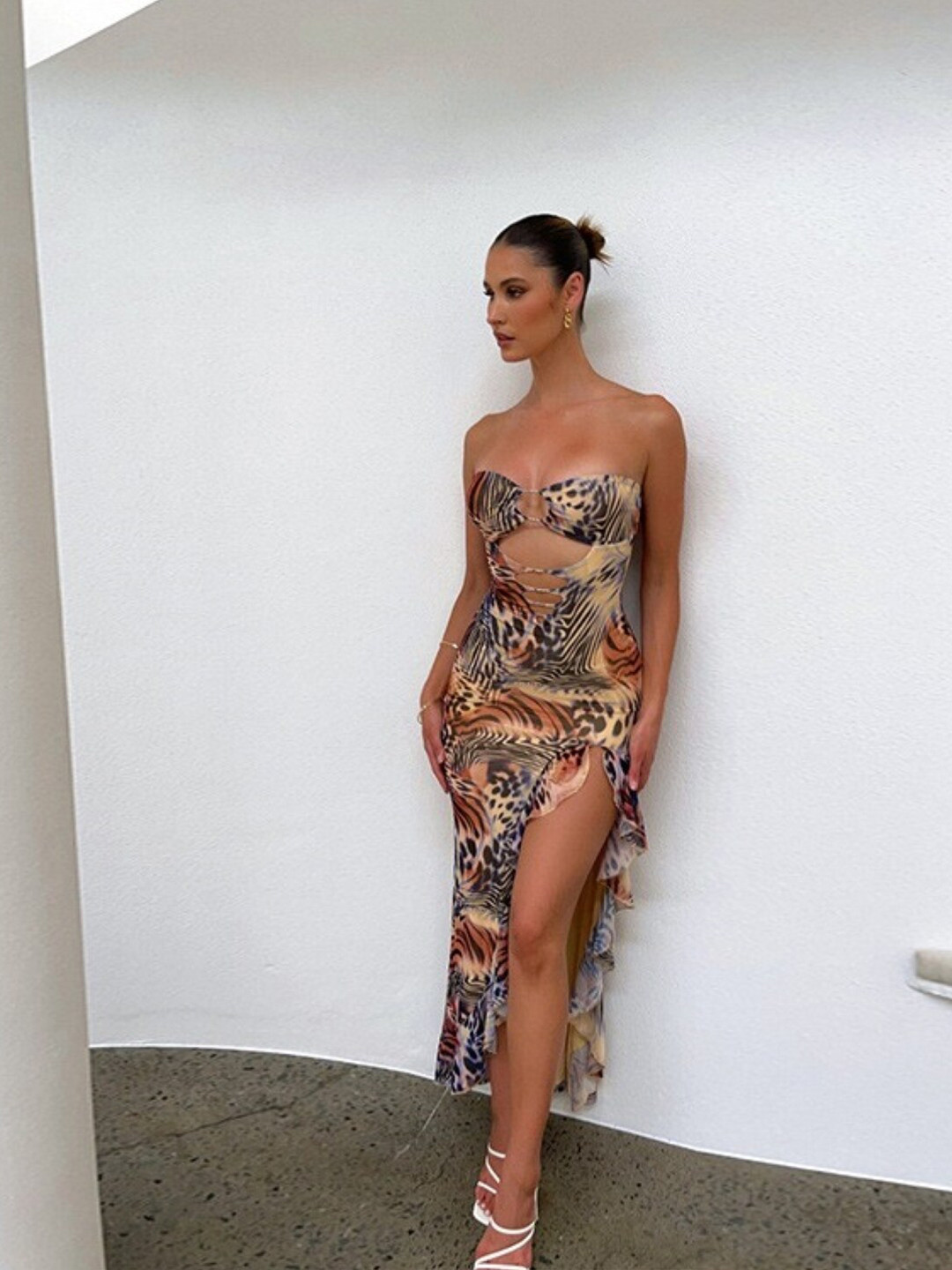StyleCast Women Animal Print Strapless Cut-Out Detailed Maxi Bodycon Dress