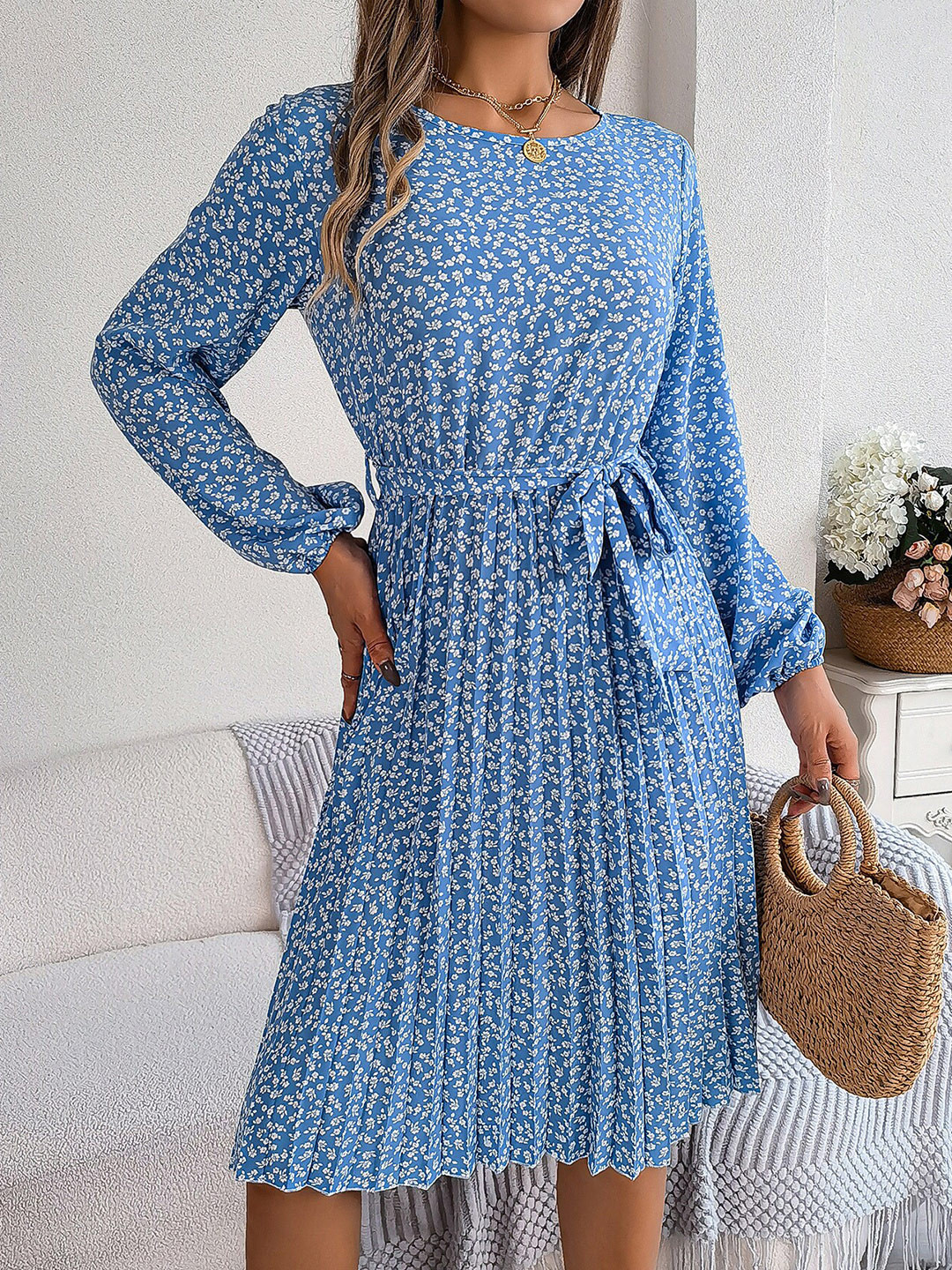 StyleCast Blue & White Floral Printed Belted A-Line Dress