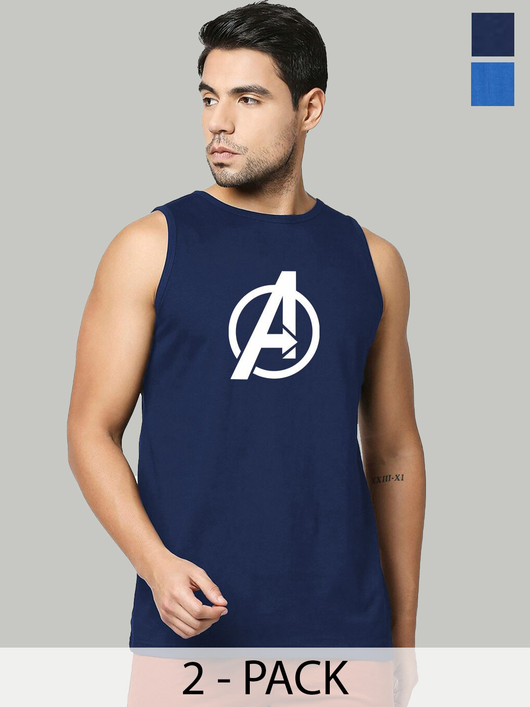 Organic Chics Pack Of 2 Printed Cotton Tanks Navy Avenger-Royal DC _S