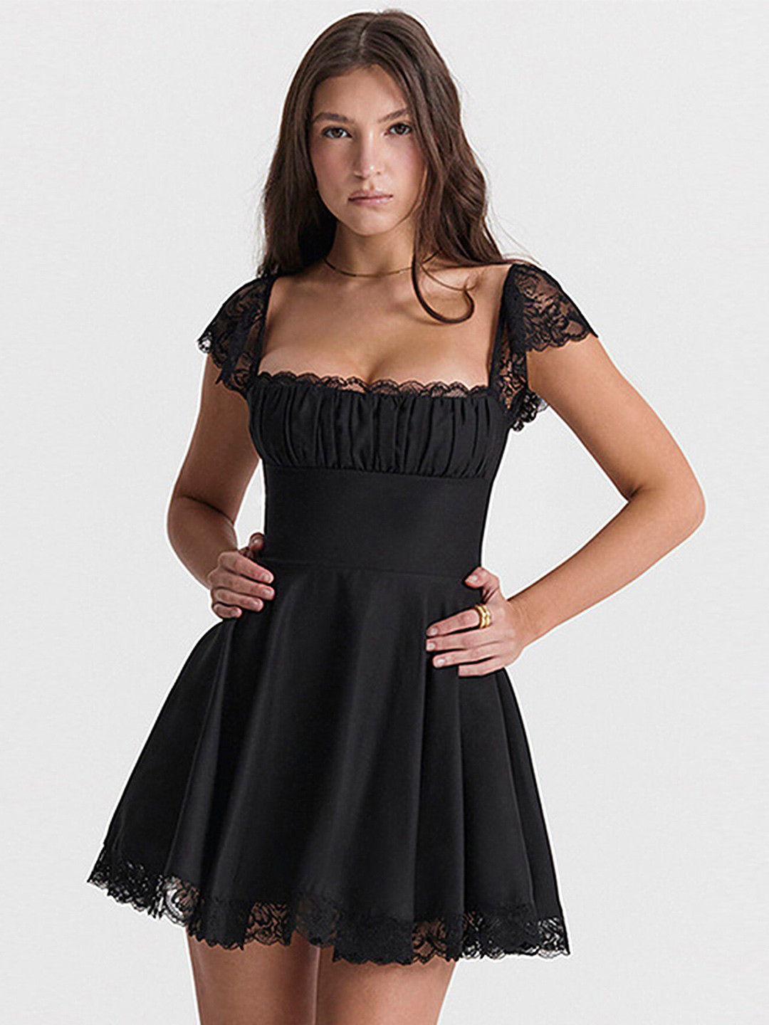 LULU & SKY Black Lace Fit & Flare Mini Dress