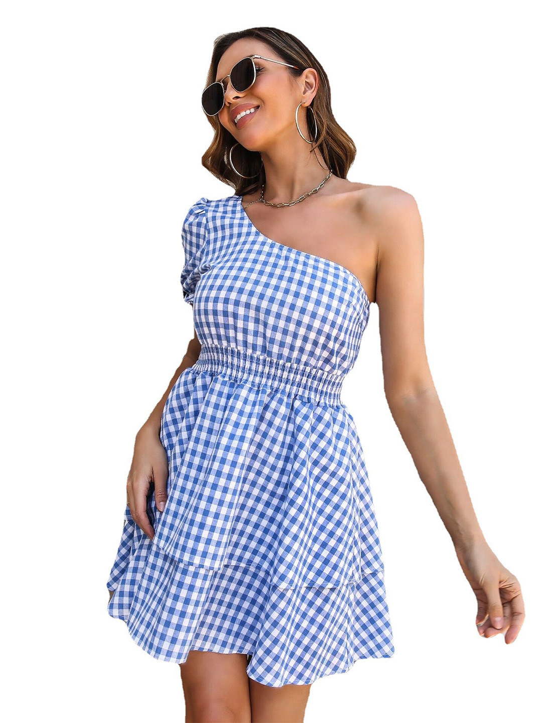 StyleCast Blue & White Checked One Shoulder Dress