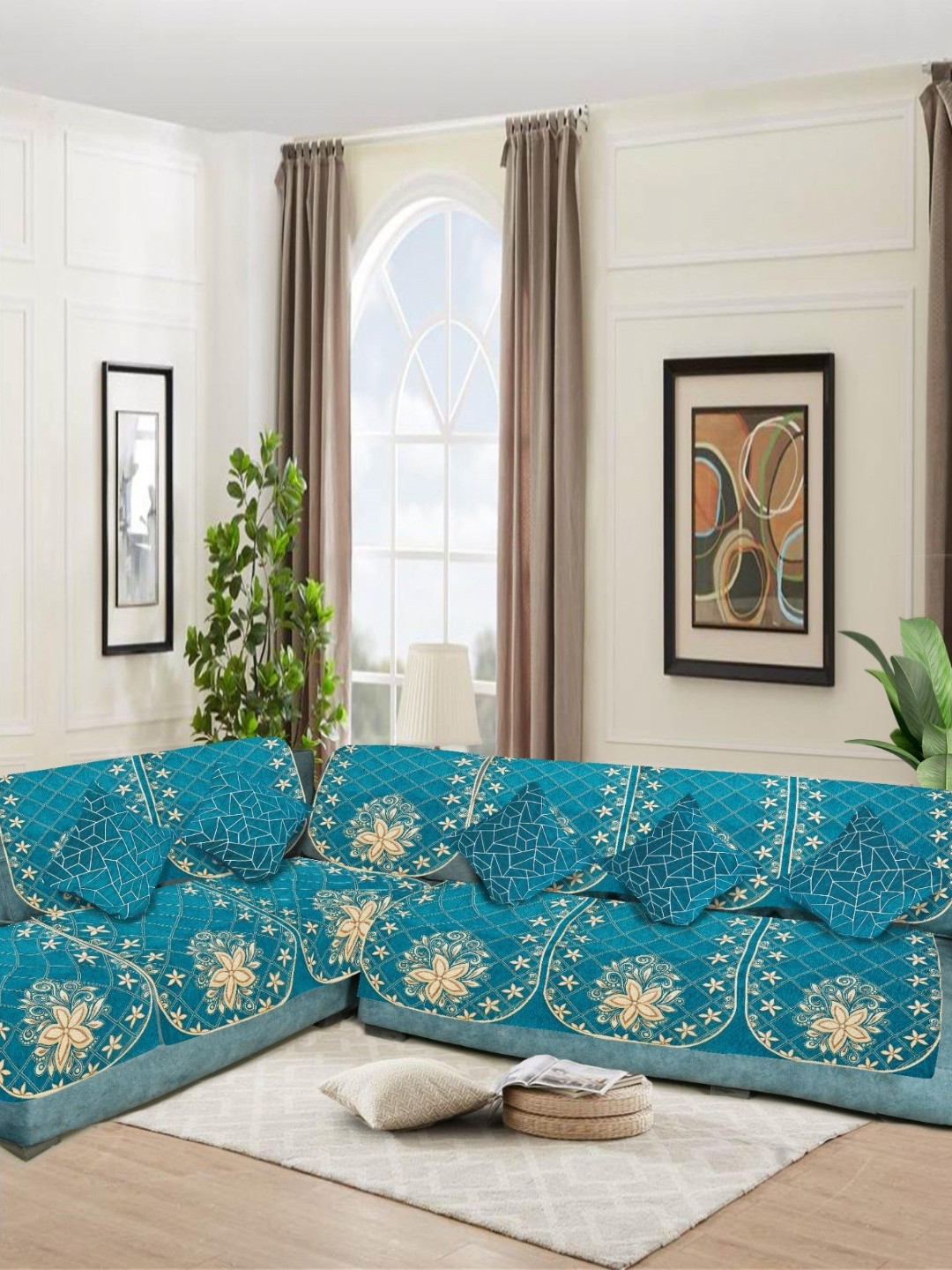 SAWNA HOMES Blue 6 Seater Embroidered Velvet L Shape Sofa Cover With Coushion Covers