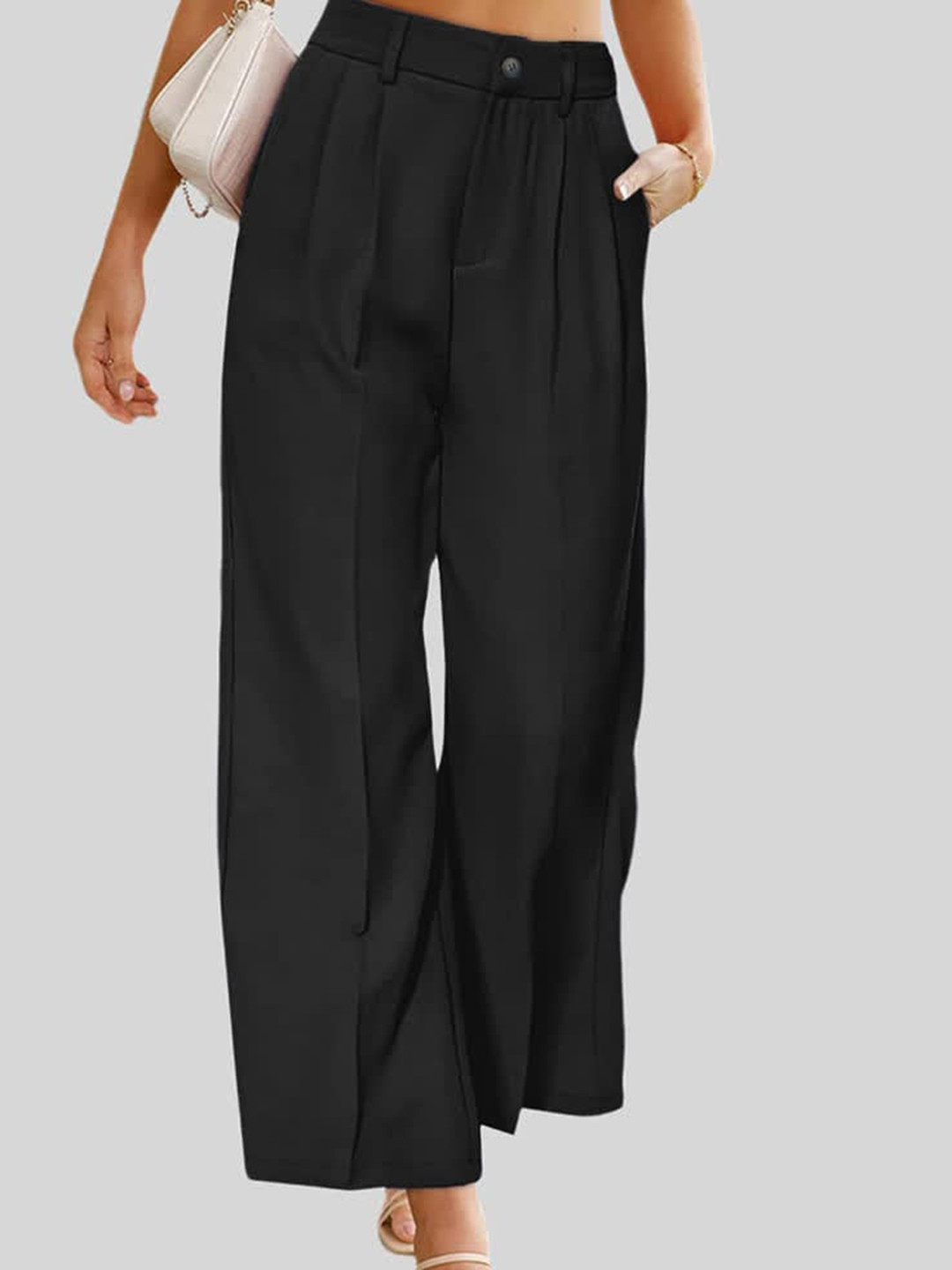 LULU & SKY Women Solid Mid-Raise Loose Fit Pleated Parallel Trousers