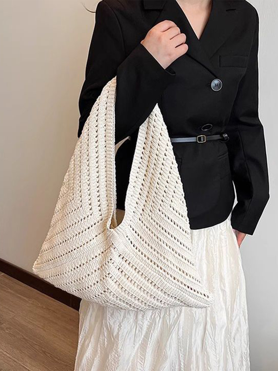 StyleCast x Revolte Oversized Structured Self Design Cotton Shoulder Bag