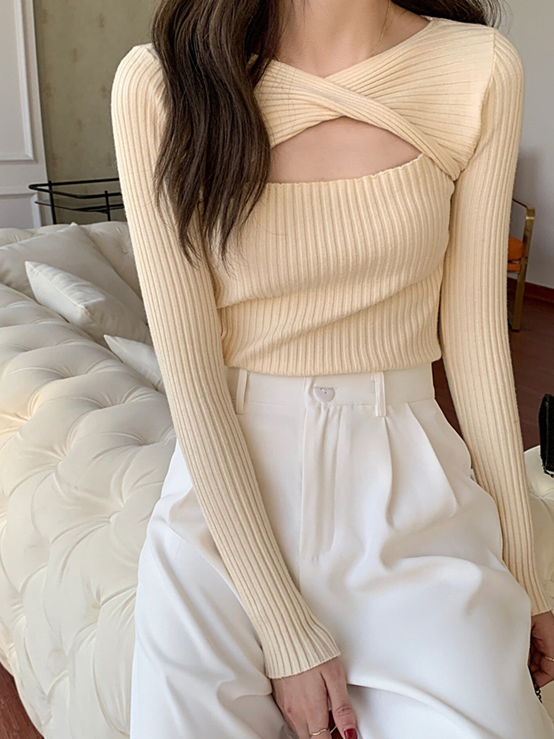 LULU & SKY Goodbye Crossover Cut-Out Detail Knitted Top