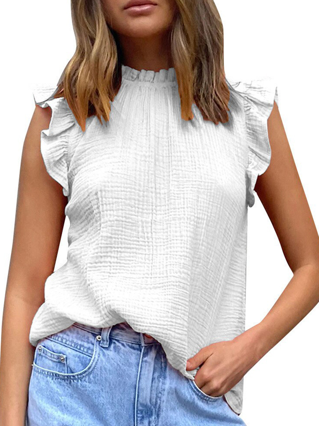 StyleCast White Self Design High Neck Flutter Sleeves Cotton Top