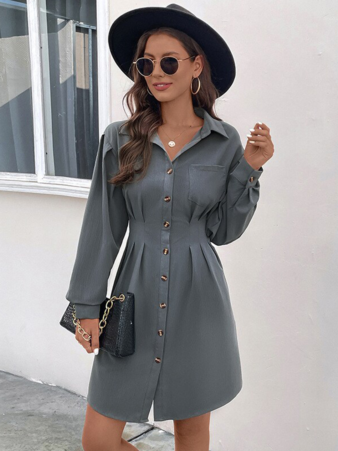 StyleCast Grey Shirt Collar Pleated Shirt Dress