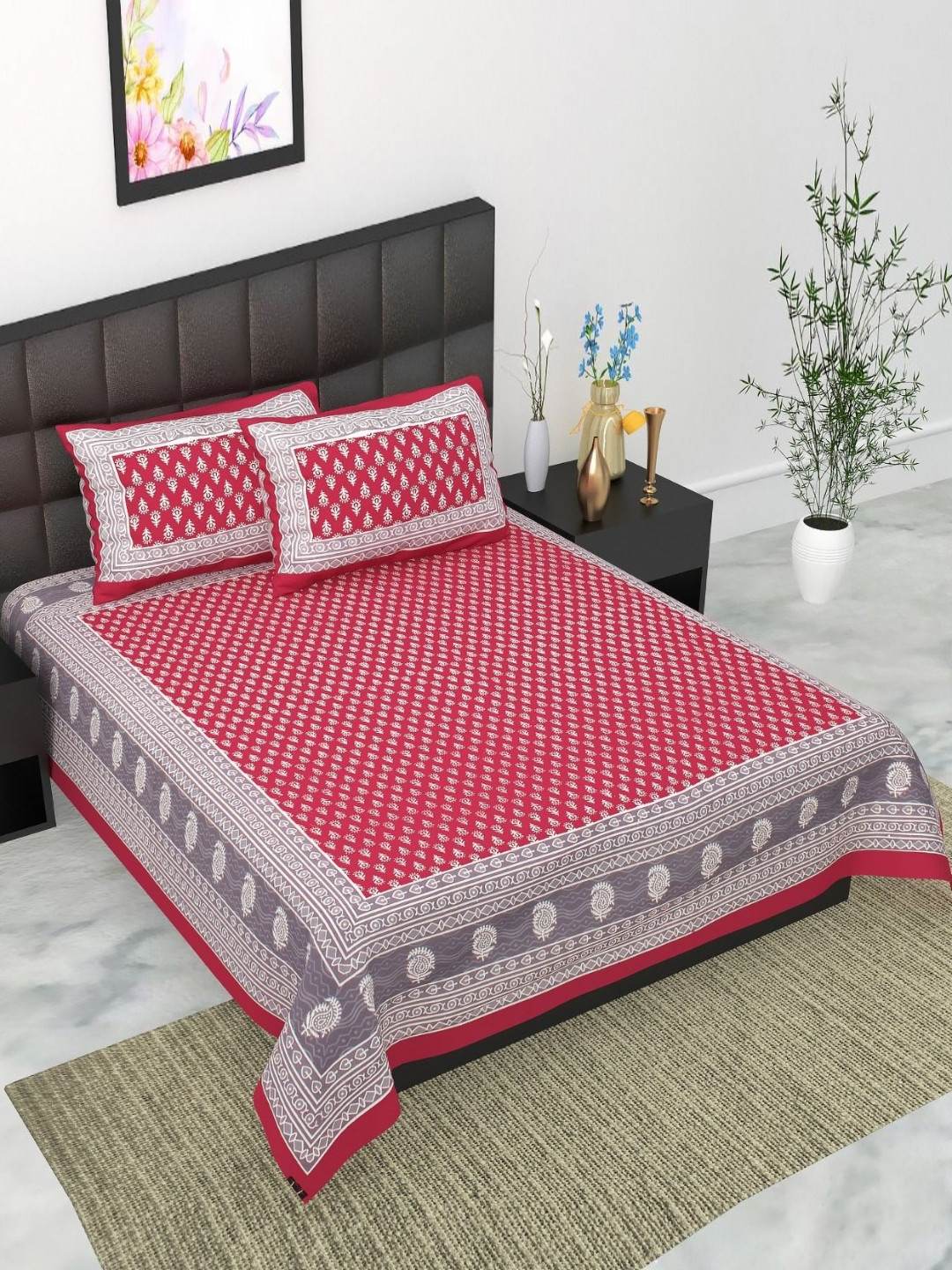 UNIBLISS Maroon Floral Cotton 144 TC Queen Bedsheet with 2 Pillow Covers-85 x 93 inches