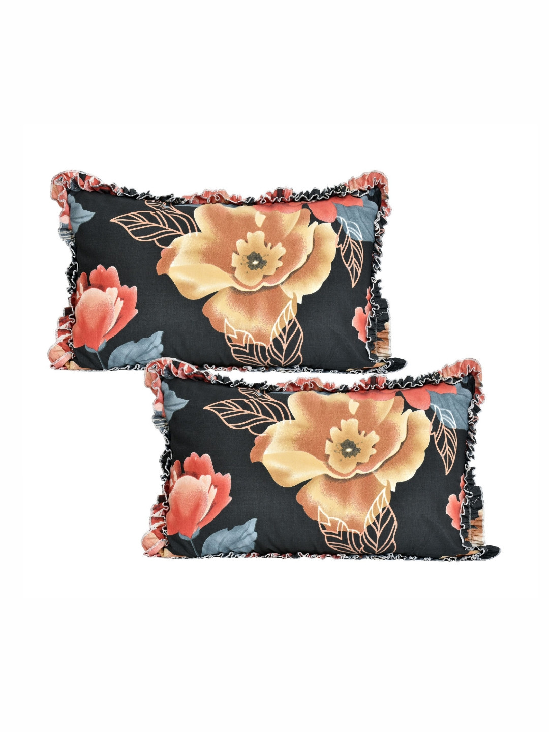 Luxmi Cotton Fabrics Black 2 Pcs Floral Printed Pure Cotton Rectangle Pillow Covers