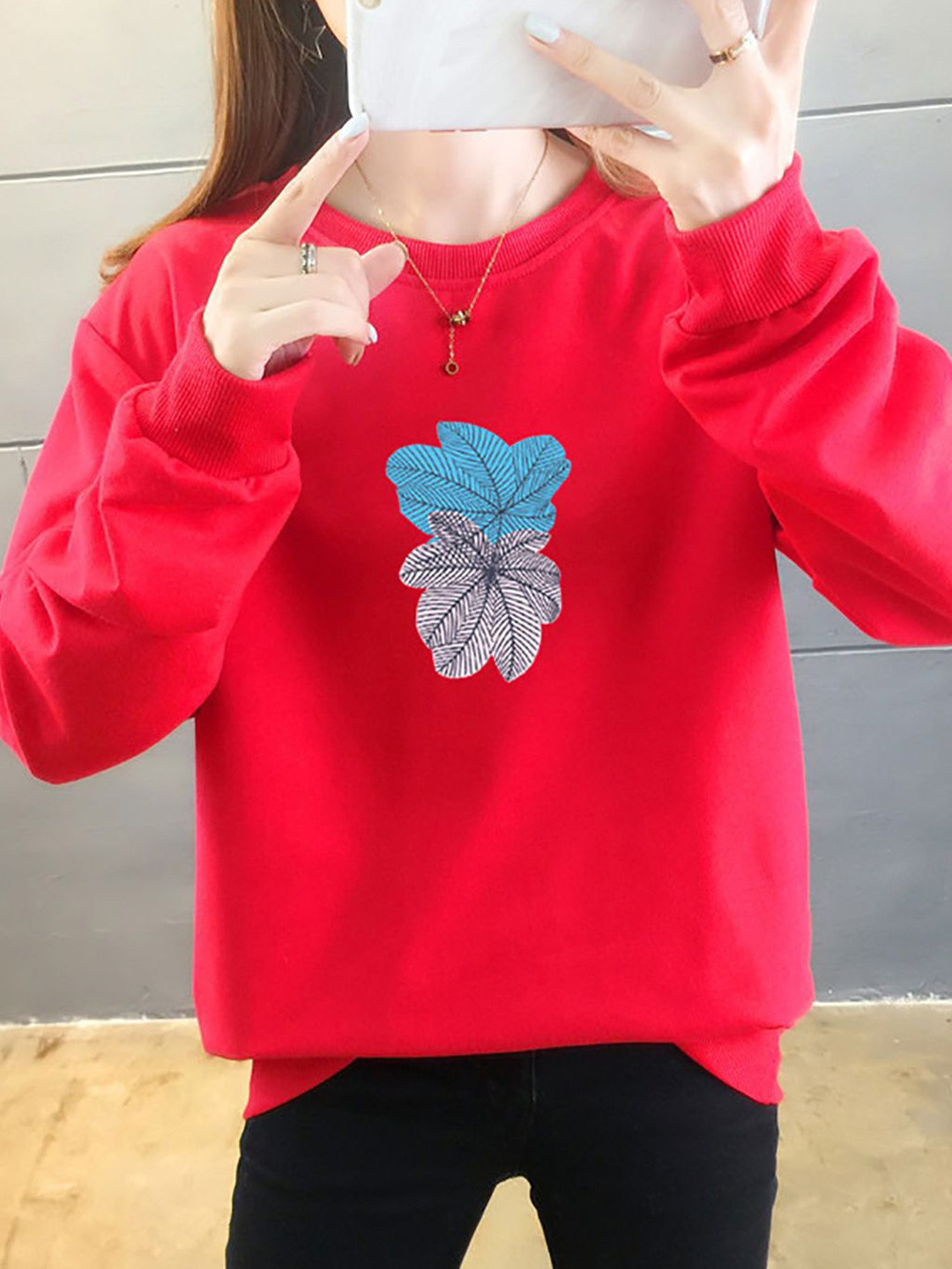 Red Floral Printed Round Neck Sweatshirt