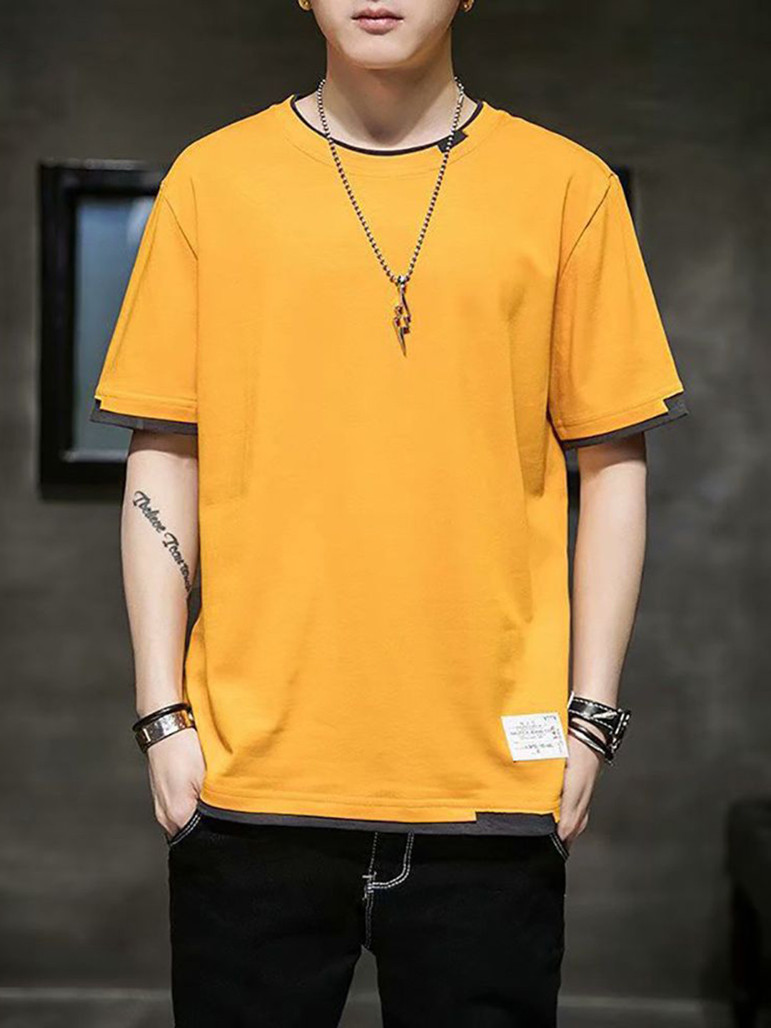Mustard and Grey Men Solid Regular Fit Casual T-shirt