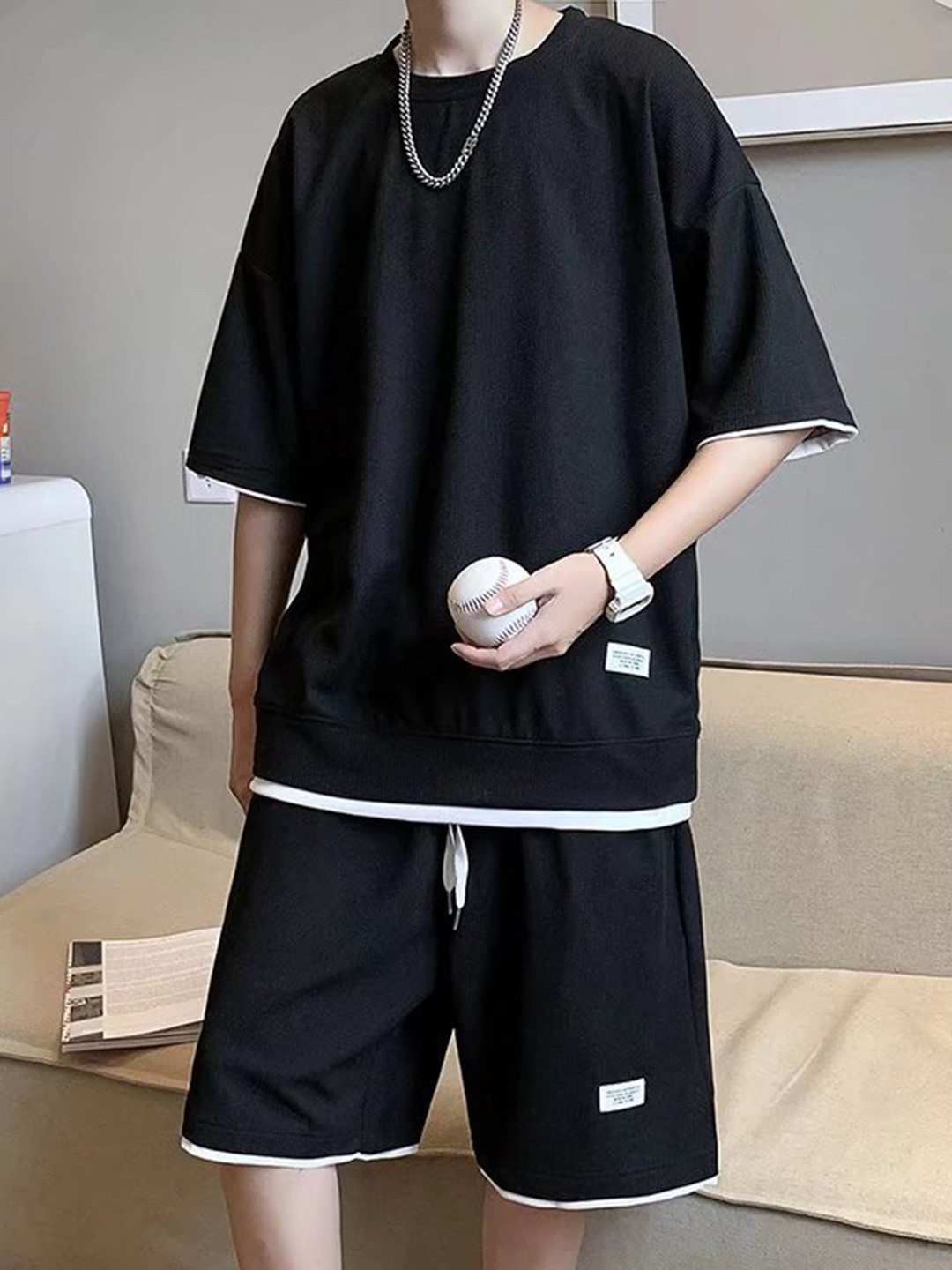 StyleCast Black Round Neck T-shirt with shorts