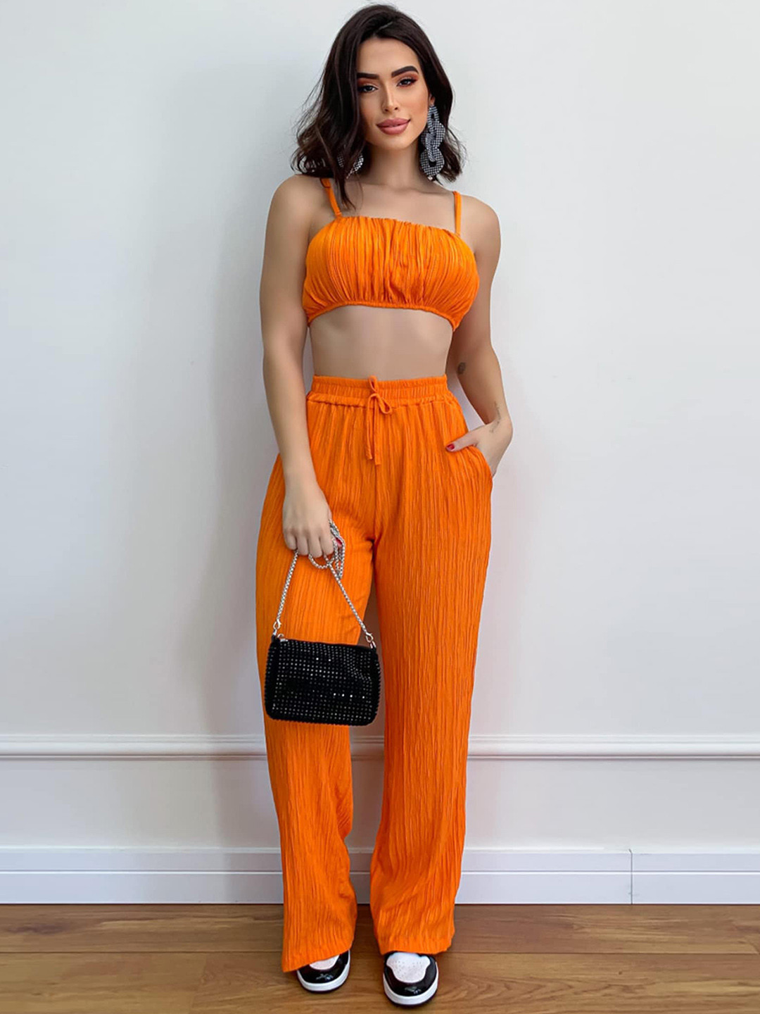 LULU & SKY Orange Self Design Crop Top With Trousers