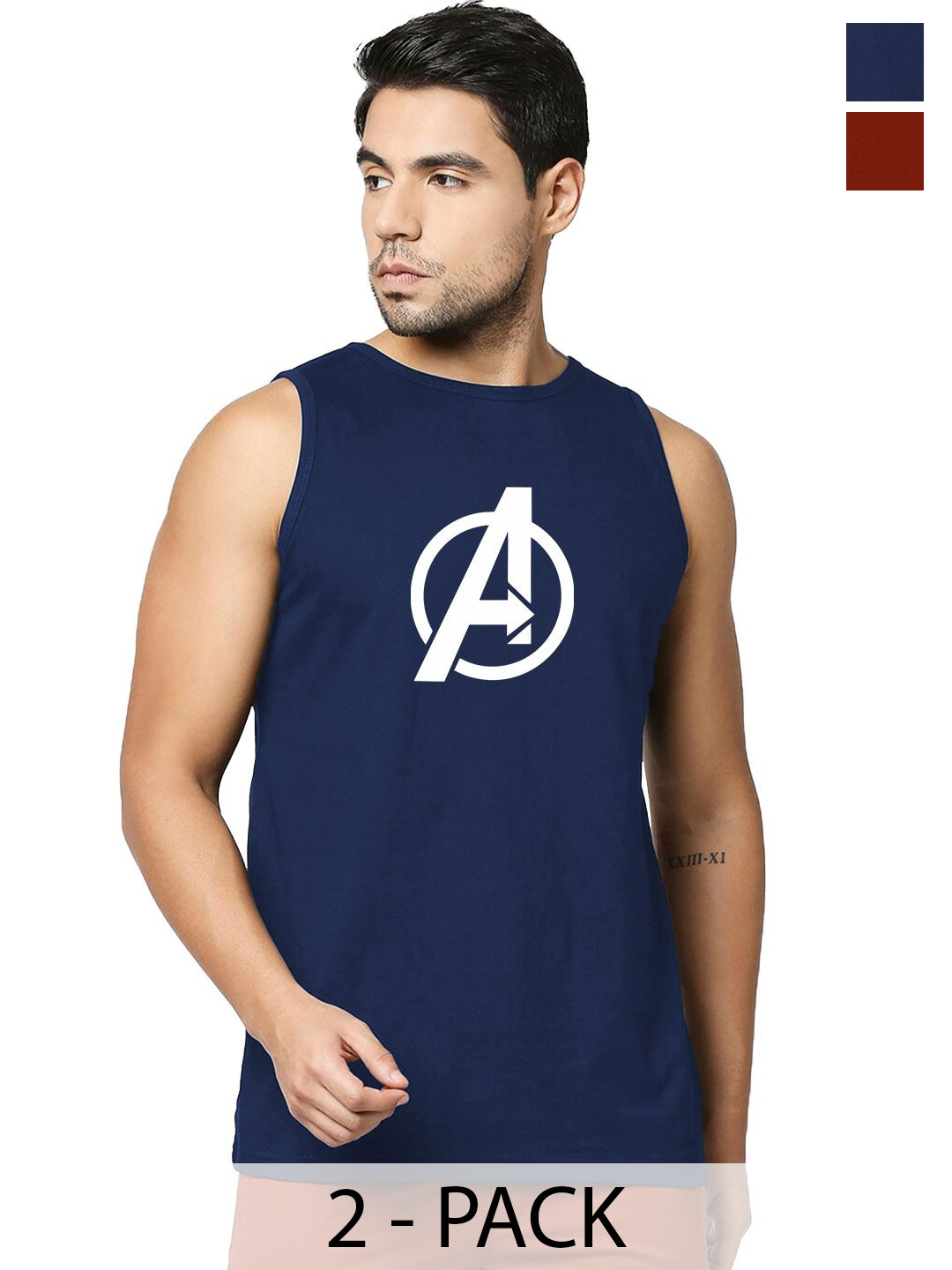 Organic Chics Pack Of 2 Printed Cotton Tank Vests NavyAvenger-MaroonMarshmellow_S